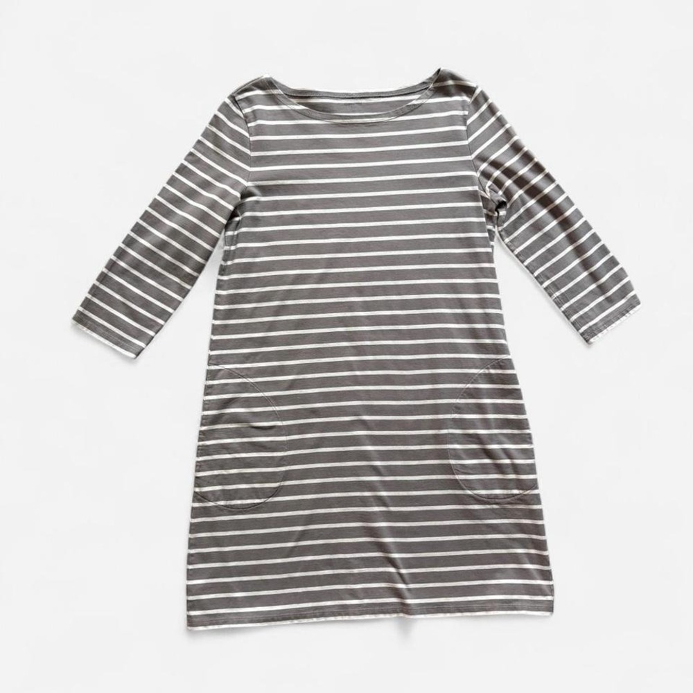 Garnet Hill t-shirt dress 3/4 sleeve 100% cotton striped gray white pockets 12